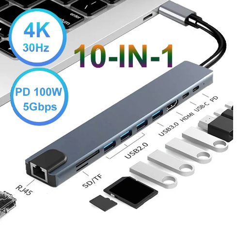 10 in 1 USB C HUB 4K30Hz Docking Station Type C to HDMI-Compatible RJ45 Ethernet PD100W